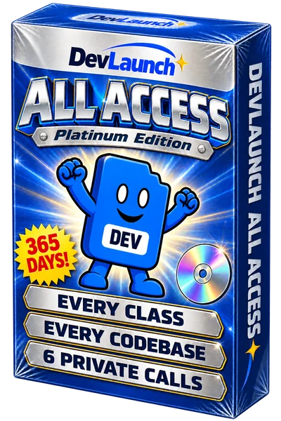 1990s software box for DevLaunch All Access, Platinum Edition, with DEV on the front