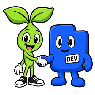 Sprout, the Seedly mascot, shaking hands with DEV, the DevLaunch mascot