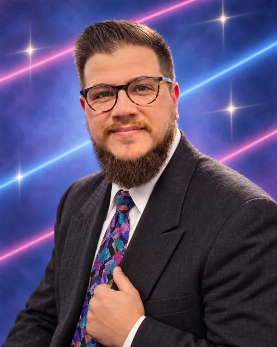 Aaron Rountree, glamour portrait with a laser background