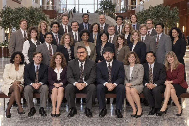 Company portrait of about thirty people in 1990s business attire, with Aaron Rountree and Andrew Lee Jenkins seated front and center
