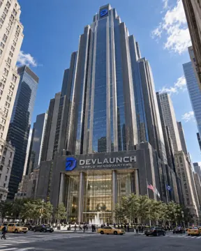 A glass skyscraper with a sign over the entrance reading DevLaunch World Headquarters, with yellow taxis on the street