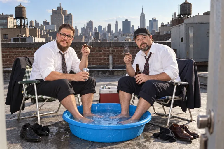 Aaron Rountree and Andrew Lee Jenkins in lawn chairs on a city rooftop with their feet in a blue kiddie pool, holding cigars and drinks