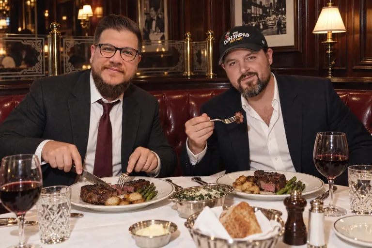 Aaron Rountree and Andrew Lee Jenkins eating steak dinners in a wood-paneled steakhouse booth