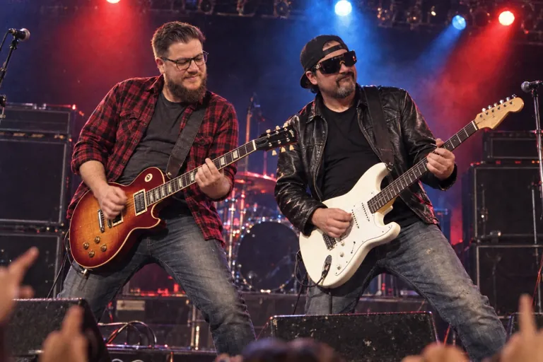 Aaron Rountree and Andrew Lee Jenkins playing electric guitars on a concert stage under red and blue lights