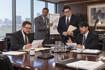 Aaron Rountree and Andrew Lee Jenkins reviewing charts at a boardroom table while two colleagues present a bar chart