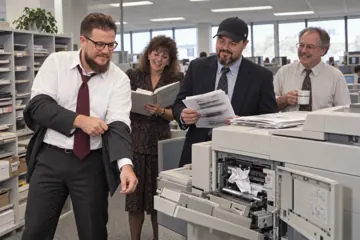 Aaron Rountree rolling up his sleeves in front of a jammed office copier while Andrew Lee Jenkins holds a stack of smeared copies and two coworkers laugh
