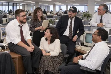 Aaron Rountree sitting on a desk chatting with coworkers in a 1990s cubicle office while Andrew Lee Jenkins looks on